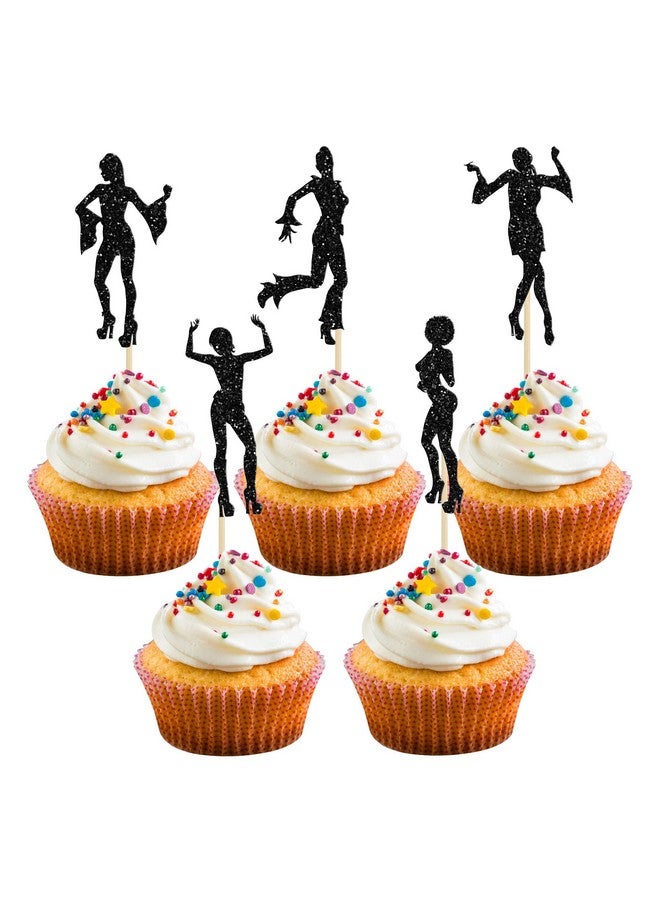Ephlyn 24Pcs 70's Disco Cupcake Toppers Black Glitter Dancing Picks 80's Dancer Cake Decorations for Music Theme Wedding Men Women Birthday Party Supplies - Image 1
