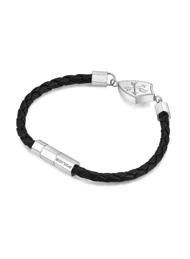 POLICE Heritage Crest Silver with Black Leather Bracelet Large Men