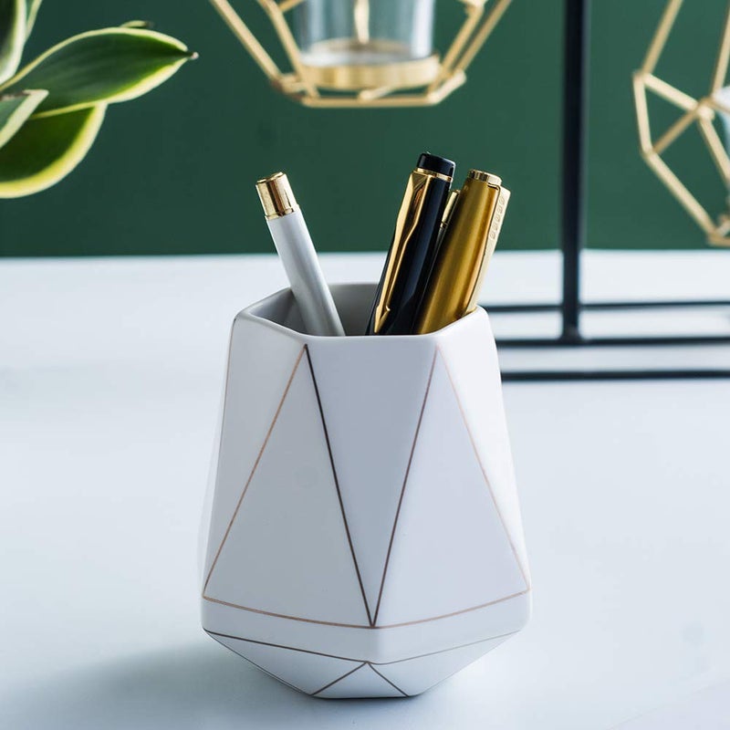 YOSCO Ceramic Desk Cute Pen Holder Stand Gold Line Pencil Cup Pot Desk Organizer Makeup Brush Holder (White) - Image 2