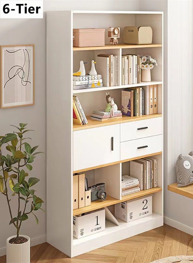 Kutis 6-Tier Storage Rack Magazine Bookcase   Display Organizer Shelves Book Shelf With Door And Drawer Density Board White 102 x 24 x 181 cm - Image 1