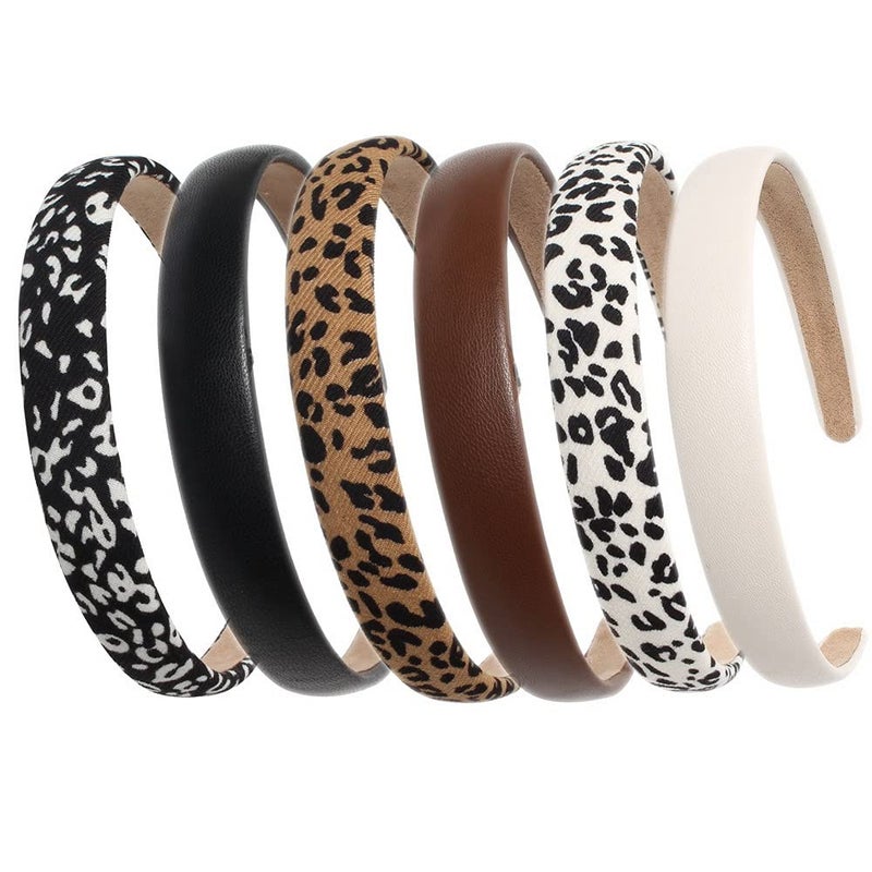 Cuizhiyu Leopard Print Headbands for Women Girls 2cm Wide Headband PU Solid Hairband Hair Hoops Hair Accessories 6 pack Leopard