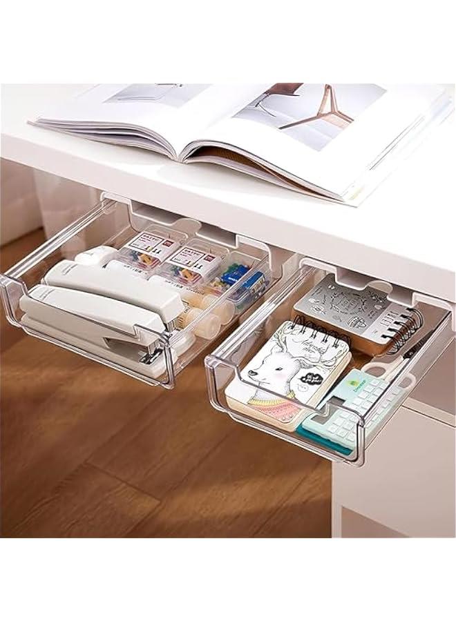 HOOKOR 2 Pack Under Desk Drawer, Self-Adhesive Slide Out Organizer Tray, Plastic Stick On Table Hidden Attachable Drawer Tray for Office Home School Kitchen  - Image 1