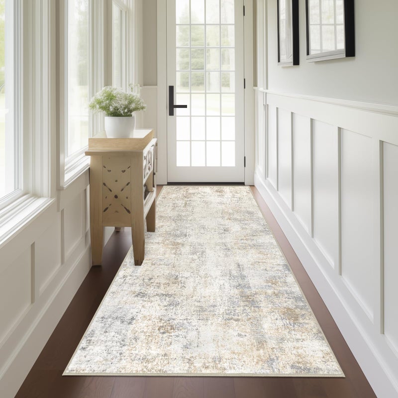 Capslpad 2x6 Beige Abstract Hallway Runner Ultra Soft Fabric Washable Runner Rug NonSlip Rubber Backing Stain Resistant Low Pile Runners for Hallways Kitchen Entryway Bedroom Laundry - Image 2