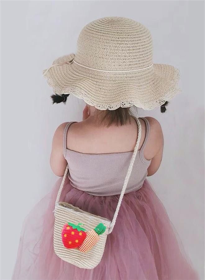 NIBEMINENT 2-Piece Summer Children'S Sunshade Hat Beach Sunscreen Straw Woven Fisherman'S Purse Set Travel Holiday Lovely Satchel - Image 1