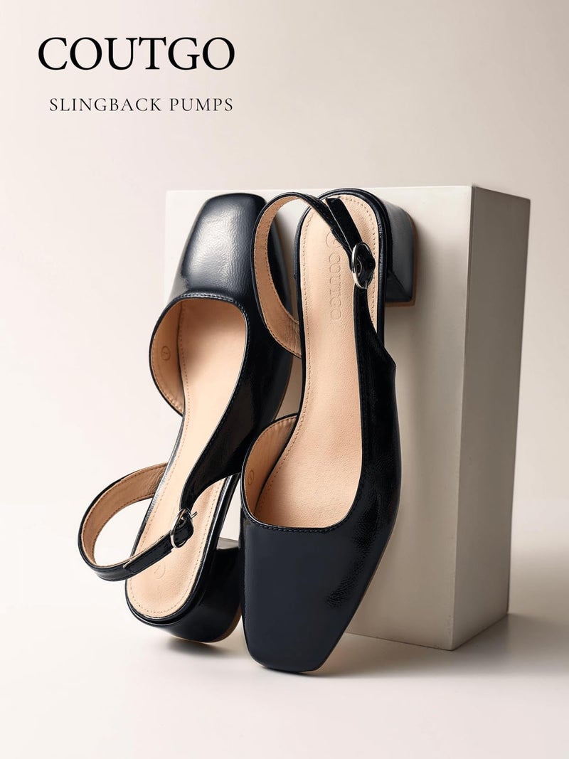 Coutgo Womens Chunky Low Heels D'Orsay Slingback Pumps Closed Square Toe Work Office Dress Shoes, Navy, Size 9.5 - Image 3