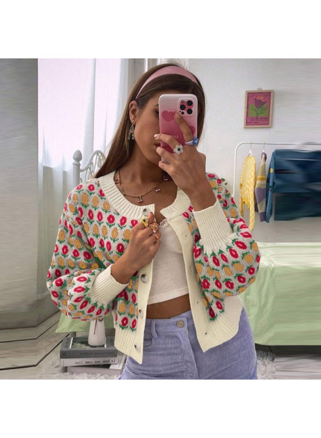 European And American Style Women's Clothing Autumn And Winter Fresh And Elegant Fashion Long-sleeved Floral Sweater Jacket Women's Cardigan Knitwear