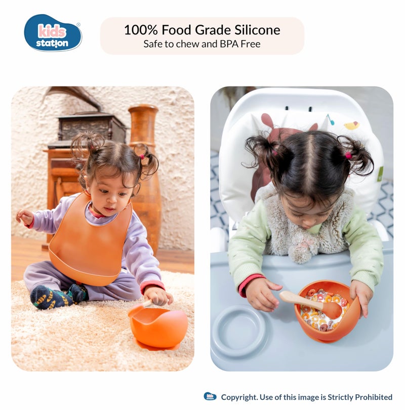 Kids Station Solid Easy to Carry Silicone Baby Feeding Set - Bowl - Spoon - Make Mealtime Fun And Easy - Tableware Meal Utensils For Kids With Suction - Baby Feeding Product (Set of 3, Orange) - Image 3