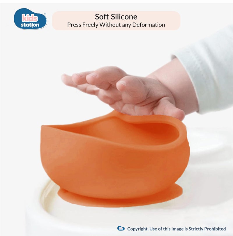 Kids Station Solid Easy to Carry Silicone Baby Feeding Set - Bowl - Spoon - Make Mealtime Fun And Easy - Tableware Meal Utensils For Kids With Suction - Baby Feeding Product (Set of 3, Orange) - Image 5