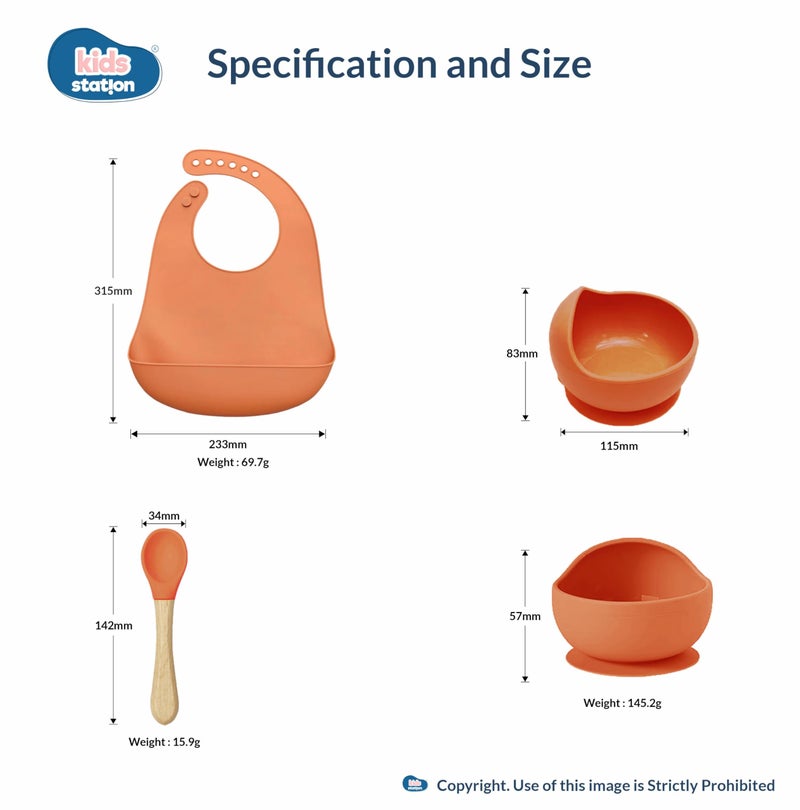 Kids Station Solid Easy to Carry Silicone Baby Feeding Set - Bowl - Spoon - Make Mealtime Fun And Easy - Tableware Meal Utensils For Kids With Suction - Baby Feeding Product (Set of 3, Orange) - Image 2