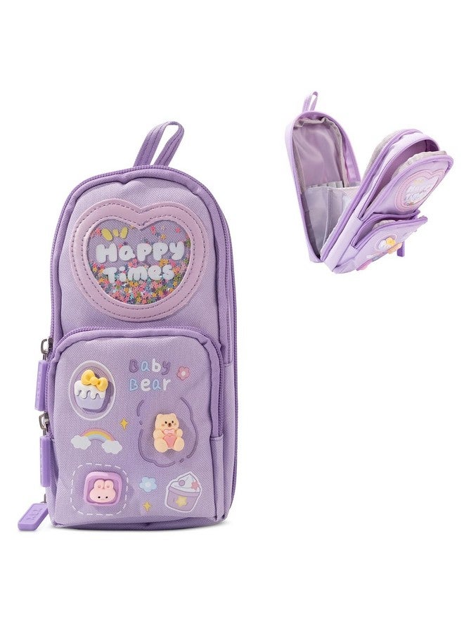 Brand Conquer Canvas School Bag Pencil Case, 3 Layer 6 Compartment Large Capacity, Aesthetic Pencil Pouch for Stationary for Kids, Pencil Case for Girls & Boys, Gift for Children (Purple) - Image 1