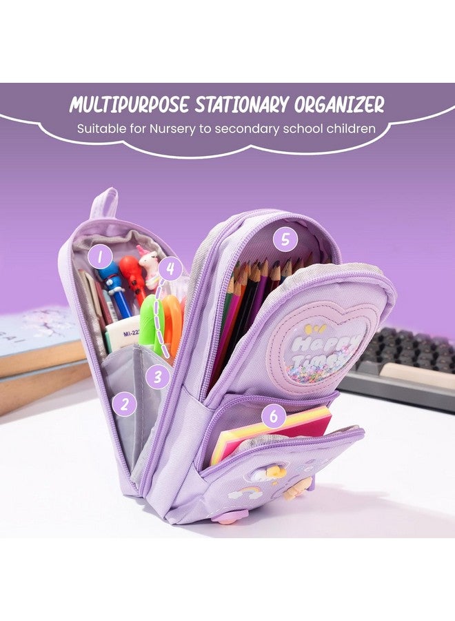 Brand Conquer Canvas School Bag Pencil Case, 3 Layer 6 Compartment Large Capacity, Aesthetic Pencil Pouch for Stationary for Kids, Pencil Case for Girls & Boys, Gift for Children (Purple) - Image 3