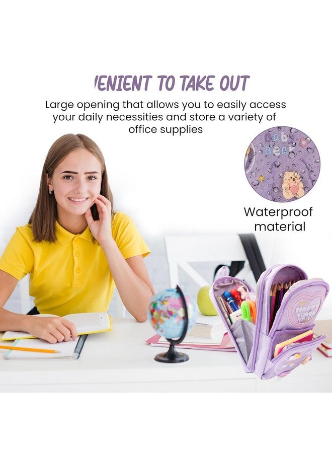 Brand Conquer Canvas School Bag Pencil Case, 3 Layer 6 Compartment Large Capacity, Aesthetic Pencil Pouch for Stationary for Kids, Pencil Case for Girls & Boys, Gift for Children (Purple) - Image 5