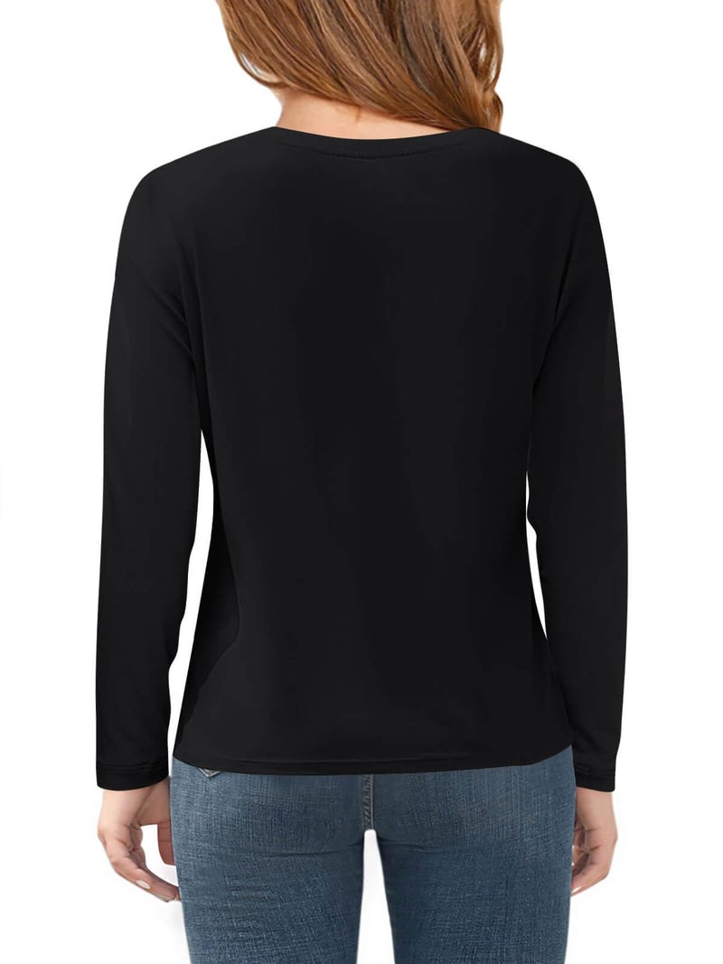 Haloumoning Girls Long Sleeve T Shirts Kids Fall Tops Crewneck Basic Tees 5-14Y Black - Image 2