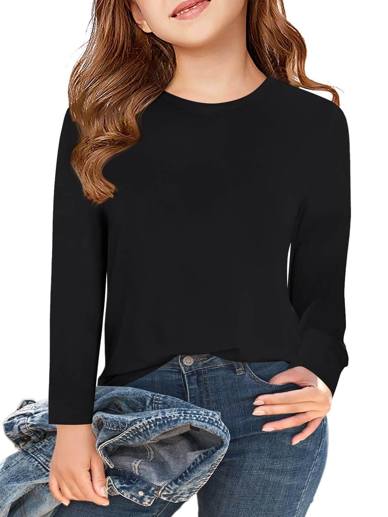 Haloumoning Girls Long Sleeve T Shirts Kids Fall Tops Crewneck Basic Tees 5-14Y Black - Image 1