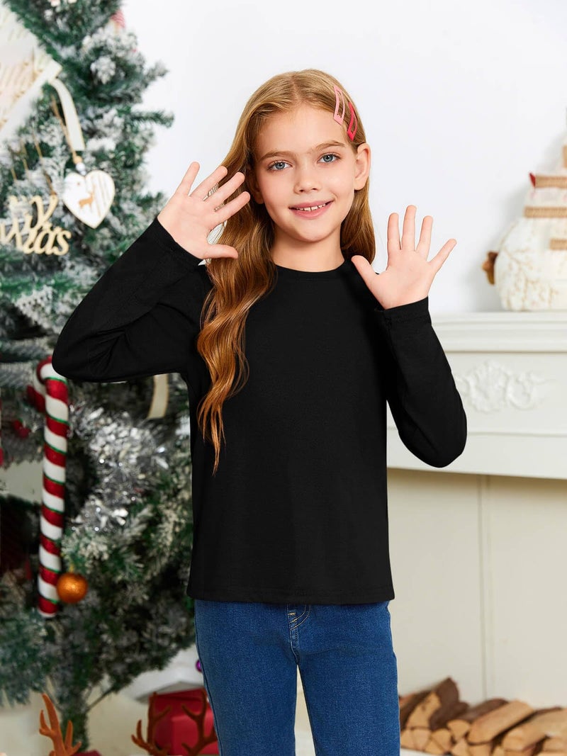 Haloumoning Girls Long Sleeve T Shirts Kids Fall Tops Crewneck Basic Tees 5-14Y Black - Image 3
