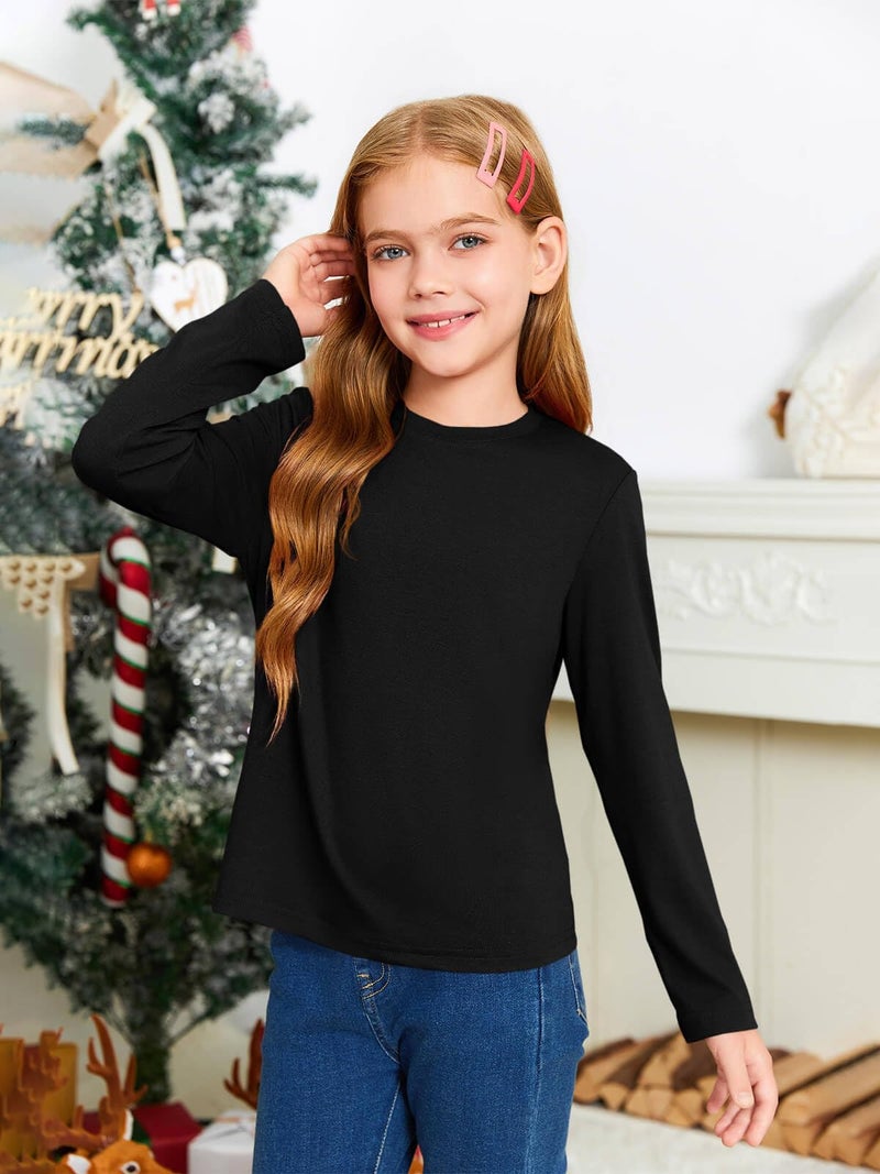Haloumoning Girls Long Sleeve T Shirts Kids Fall Tops Crewneck Basic Tees 5-14Y Black - Image 4