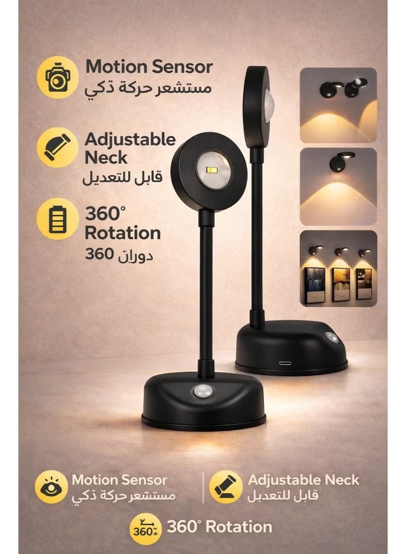 مصباح جداري LED قابل لإعادة الشحن مزود بمستشعر حركة، يدور 360 درجة لاسلكيًا مع جهاز تحكم عن بعد، بثلاث درجات حرارة لونية وإمكانية التحكم في شدة الإضاءة، مصباح عرض فني لاصق للوحات الفنية في غرف النوم والممرات - Image 1