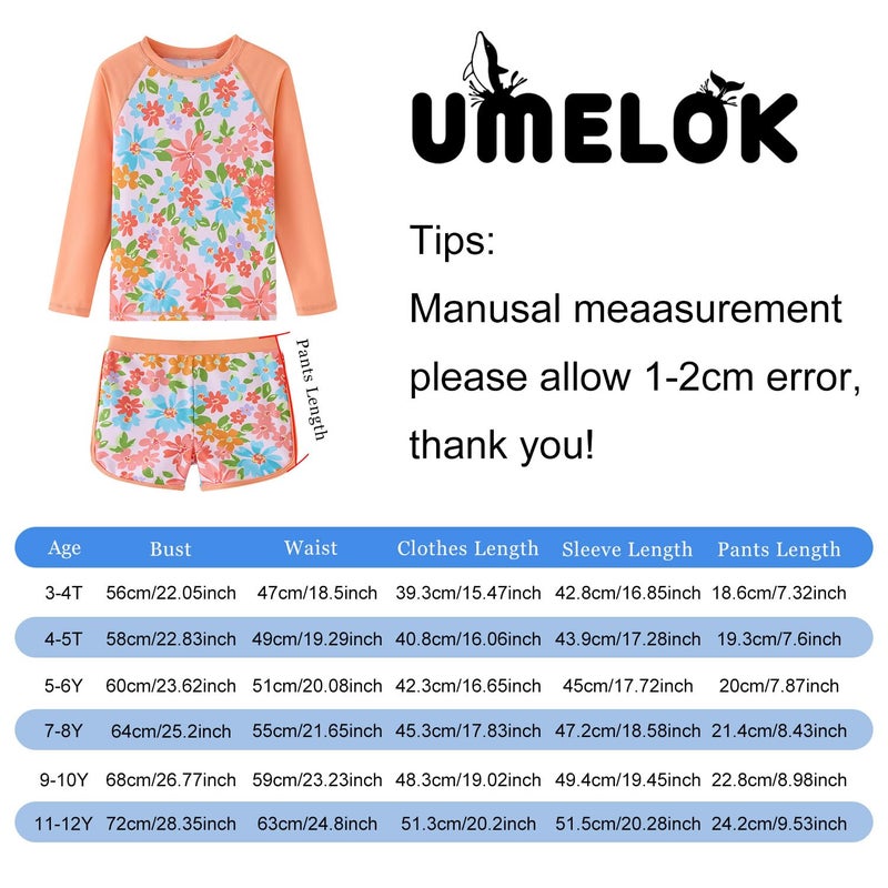 UMELOK Girls Rash Guard Swimsuit 2-Pieces Bathing Suit Long Sleeve UPF 50+ Sun Protection Swimwear Sets Orange Blue Flowerï¼Œ4T - Image 2