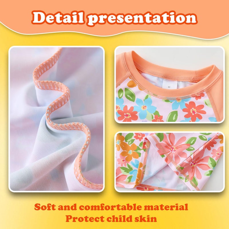 UMELOK Girls Rash Guard Swimsuit 2-Pieces Bathing Suit Long Sleeve UPF 50+ Sun Protection Swimwear Sets Orange Blue Flowerï¼Œ4T - Image 4