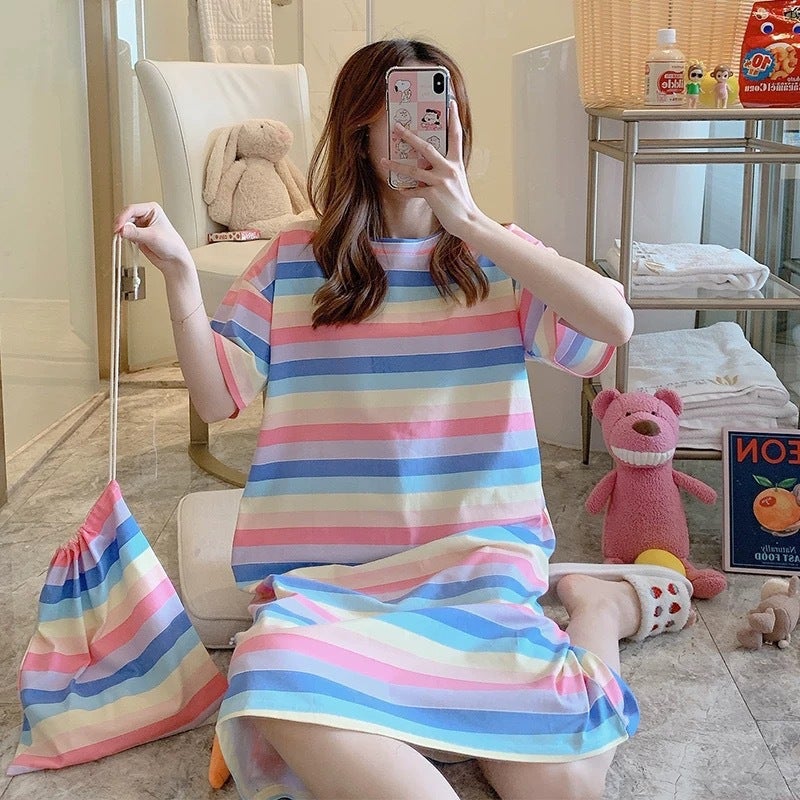 Summer Korean Princess Cute Sleep Dress Rainbow stripes