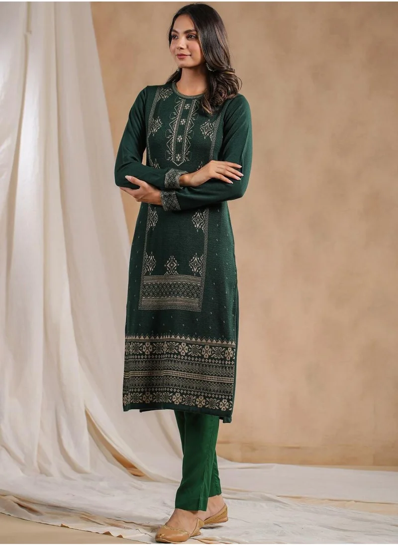 ISHIN Women's Green Polyester Blend Embellished Tunic Straight Fit Kurta