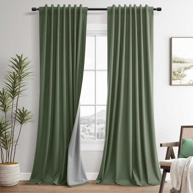 Guken 100% Blackout Olive Green Linen Curtains 84 Inch Length for Bedroom Black Out Light Blocking Green Thermal Insulated Room Darkening Soundproof Drapes for Living Room Nursery 2 Panels Set 52x84 7ft - Image 1
