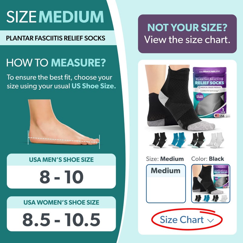 BraceAbility Plantar Fasciitis Socks - Ankle Compression Socks for Foot Pain Relief, Heel Spurs, Achilles Tendonitis, Full-Toe Arch Support Sleeve Socks for Women and Men (1 Pair - M) - Image 2