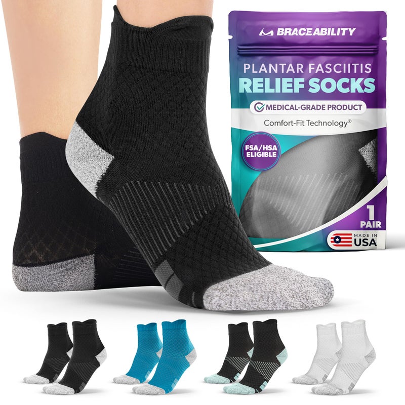 BraceAbility Plantar Fasciitis Socks - Ankle Compression Socks for Foot Pain Relief, Heel Spurs, Achilles Tendonitis, Full-Toe Arch Support Sleeve Socks for Women and Men (1 Pair - M) - Image 1