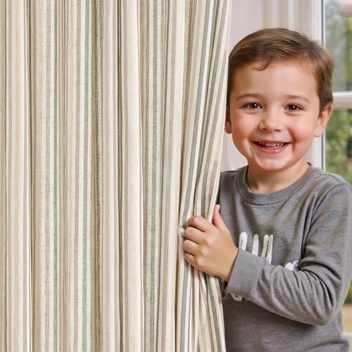 jinchan Colorful Linen Curtains for Nursery Living Room Multi Green on Beige Striped Curtains for Bedroom Cute Ticking Stripe Farmhouse Baby Boys Kids Room Light Filtering Grommet 2 Panels 84 inch - Image 1