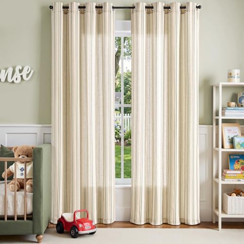 jinchan Colorful Linen Curtains for Nursery Living Room Multi Green on Beige Striped Curtains for Bedroom Cute Ticking Stripe Farmhouse Baby Boys Kids Room Light Filtering Grommet 2 Panels 84 inch - Image 3