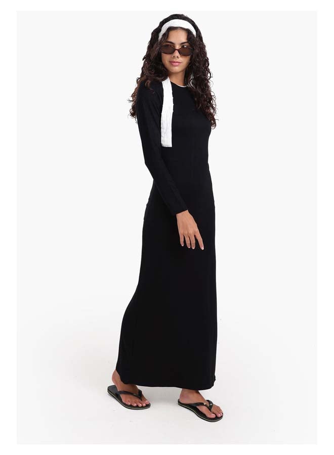 Carina Women's Slim-Fit Long-Sleeve Maxi Dress with Back Slit - Black - Image 2