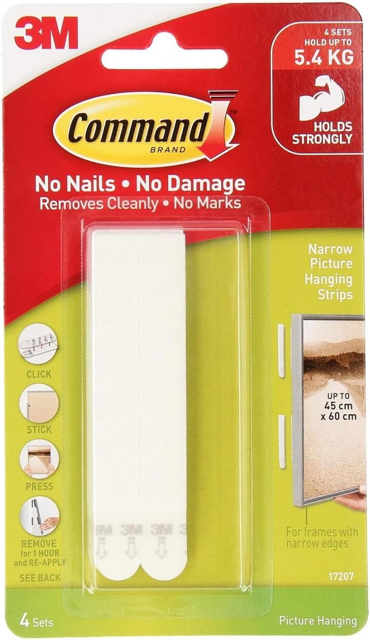 Command Narrow Picture Hanging Strips, White, 4-Pairs, Holds up to 12 lbs - Image 1