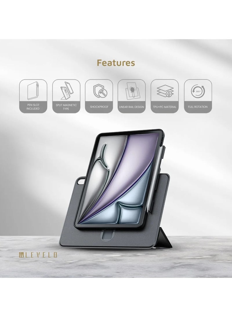 LEVELO iPad Air 13 Inch Converge Detachable Case / Pen Slot Included / Linear Rail Design / Detachable iPad Case / 360° Elevated Slide / Shockproof / TPU+PC Material - Black - Image 5