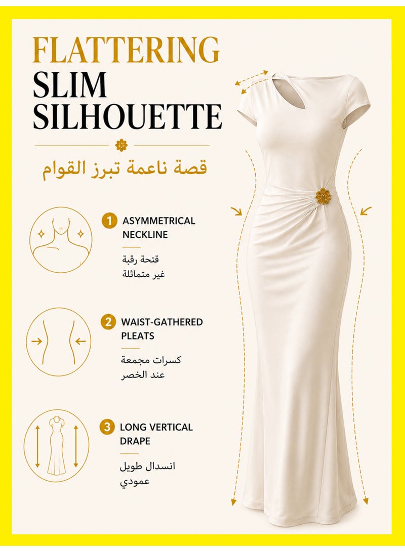 MS MIN Beige Milk Silk Evening Dress, Large Backless Slim Fit Mermaid Maxi Gown, Suitable for Dinners, Parties & Dates - Image 2