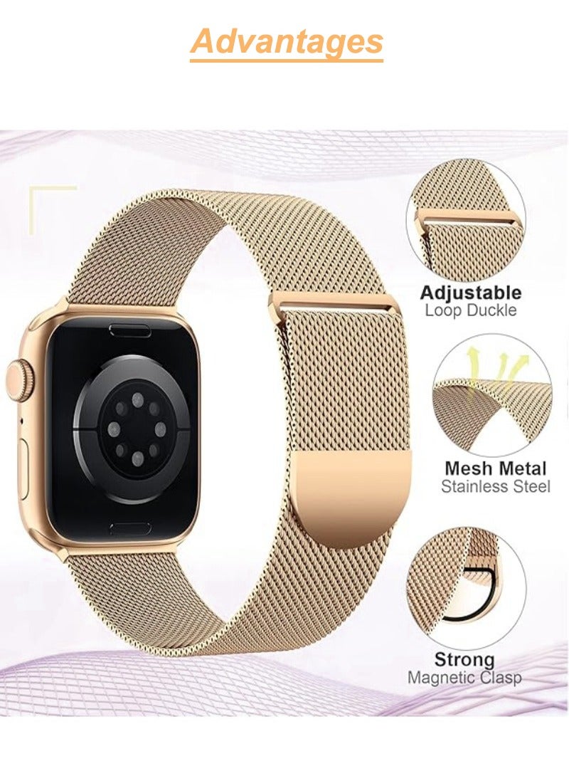 Magnetic Mesh Stainless Steel Band, Compatible with Apple Watch,38mm/40mm/41mm/42mm(Series 10，Series 11)  Adjustable Replacement Men & Women iWatch Strap, Compatible with Series 10 9 8 7 6 5 4 3,SE,Champagne Gold - Image 3