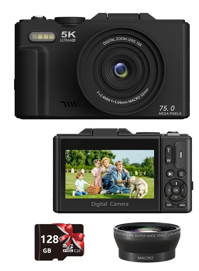 ZONBON 5K Digital Camera, 75MP Camera Digital for Photography, Point and Shoot Camara with 128GB Micro SD Card, 18X Digital Camera with 3" 180° Flip Screen, Vlogging Camera for Beginner Gift, Wide Angle & Macro Lens, Rechargeable Battery - Image 1