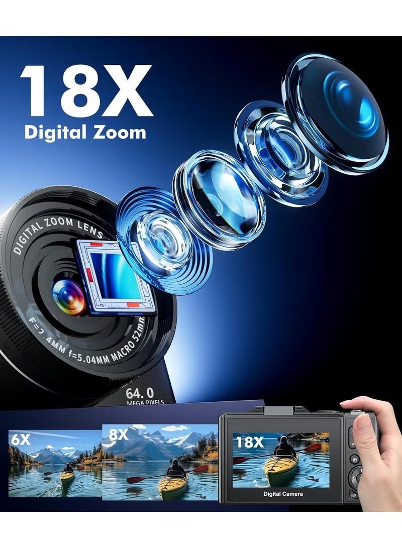 ZONBON 5K Digital Camera, 75MP Camera Digital for Photography, Point and Shoot Camara with 128GB Micro SD Card, 18X Digital Camera with 3" 180° Flip Screen, Vlogging Camera for Beginner Gift, Wide Angle & Macro Lens, Rechargeable Battery - Image 2