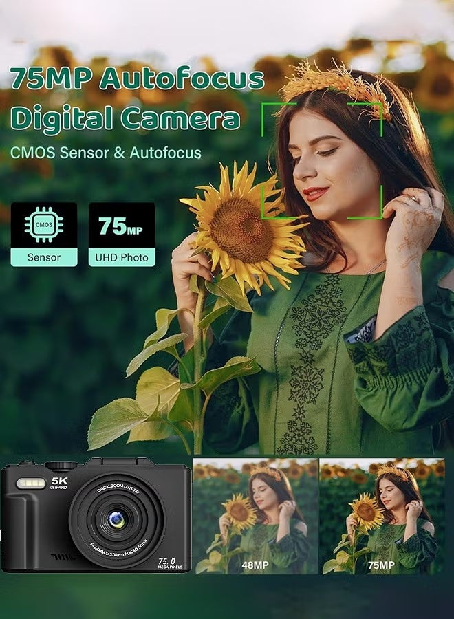 ZONBON 5K Digital Camera, 75MP Camera Digital for Photography, Point and Shoot Camara with 128GB Micro SD Card, 18X Digital Camera with 3" 180° Flip Screen, Vlogging Camera for Beginner Gift, Wide Angle & Macro Lens, Rechargeable Battery - Image 4