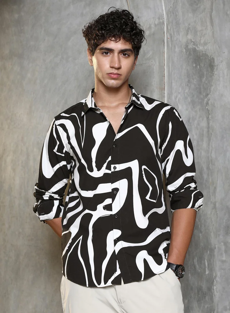 Campus Sutra Campus Sutra Men Contrast-Graffiti Imprint Shirt | Full Sleeve Abstract Print | Spread Collar & Buttoned Cuffs | Polyester Blend Fabric | Casual & Club Wear | Onyx Black