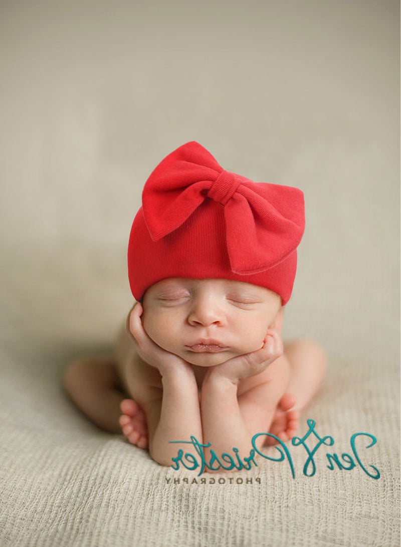 Newborn Bowtie Pullover Hat Red  - Image 1