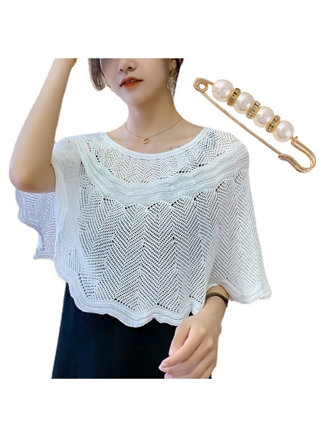 SUNSAR Knitted Sun-Proof Shawl with Pearl Pin Ice Silk Shawl for Women Summer Hollow-Out Knit Shawls Wraps, Women Open Knit Top - Image 2