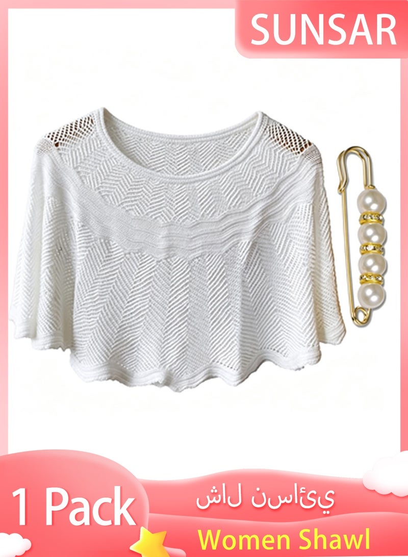 SUNSAR Knitted Sun-Proof Shawl with Pearl Pin Ice Silk Shawl for Women Summer Hollow-Out Knit Shawls Wraps, Women Open Knit Top - Image 1