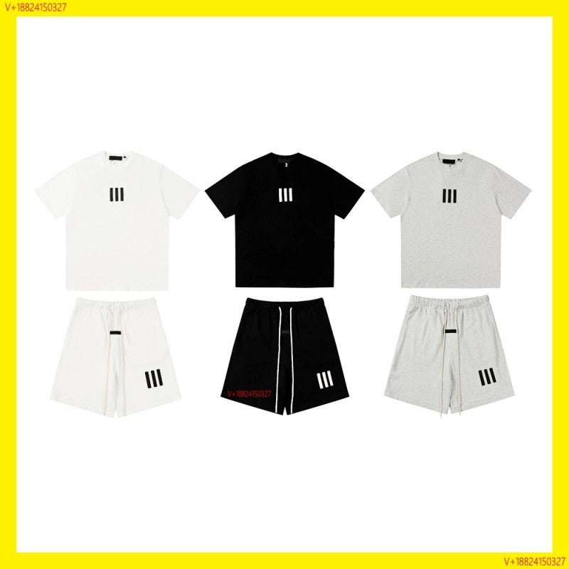 Fog Tide Brand Double Line Essentials Joint Three Bars Short Sleeve T-Shirt 5 Shorts Suit - Image 2