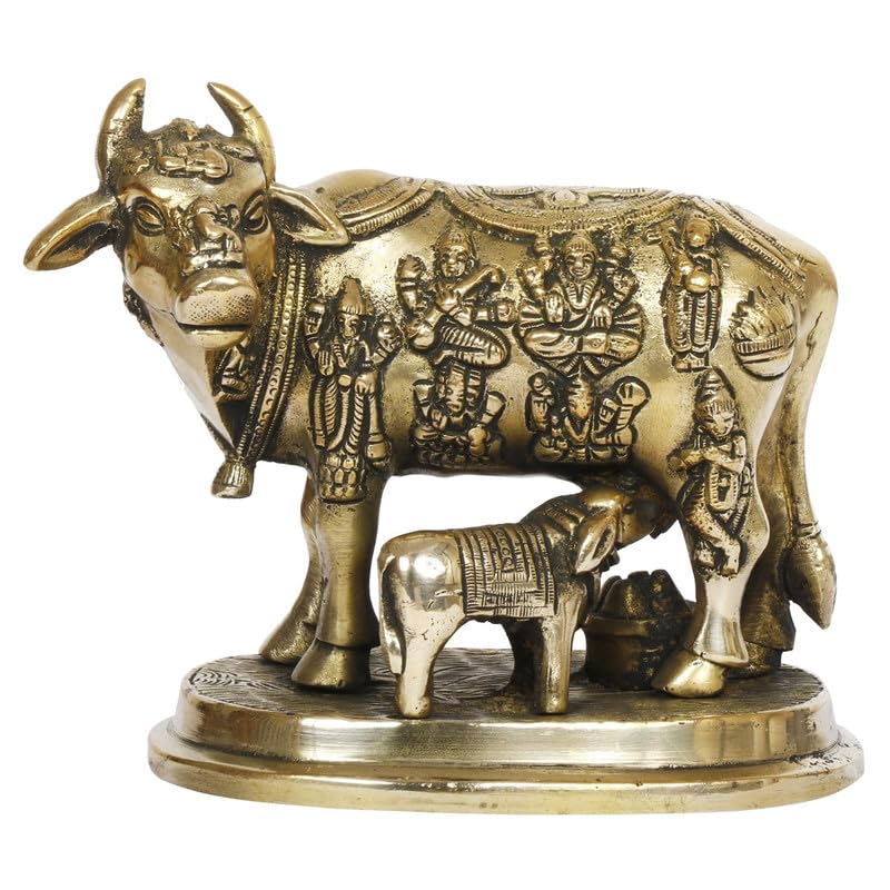 Kartique Brass Kamadhenu Idol The Wish-Fulfilling Cow and Calf Statue Gold Color Height 5 Inch - Image 5
