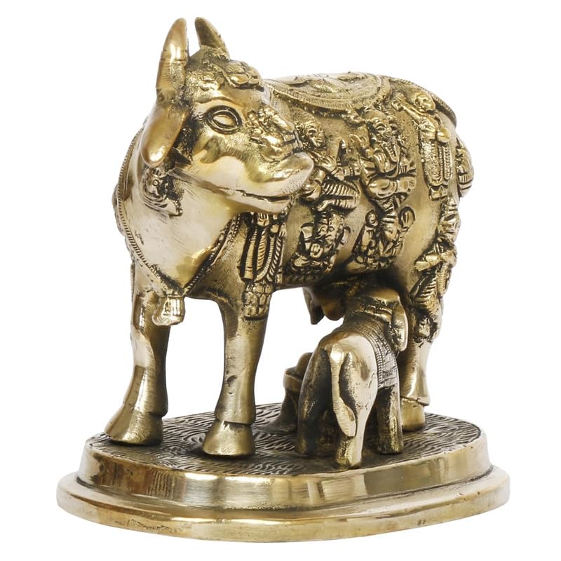 Kartique Brass Kamadhenu Idol The Wish-Fulfilling Cow and Calf Statue Gold Color Height 5 Inch - Image 2