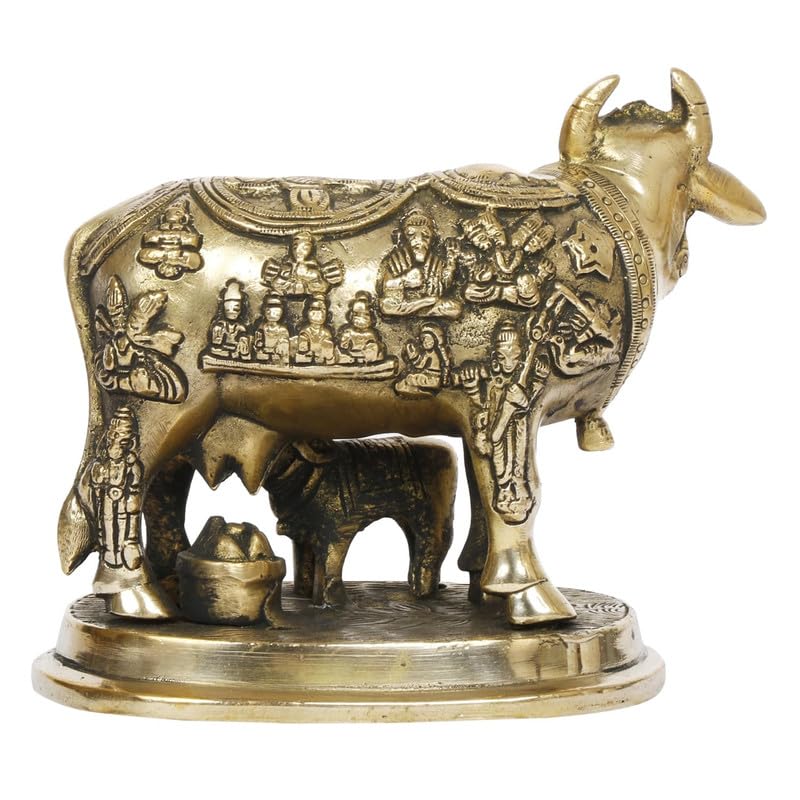 Kartique Brass Kamadhenu Idol The Wish-Fulfilling Cow and Calf Statue Gold Color Height 5 Inch - Image 4