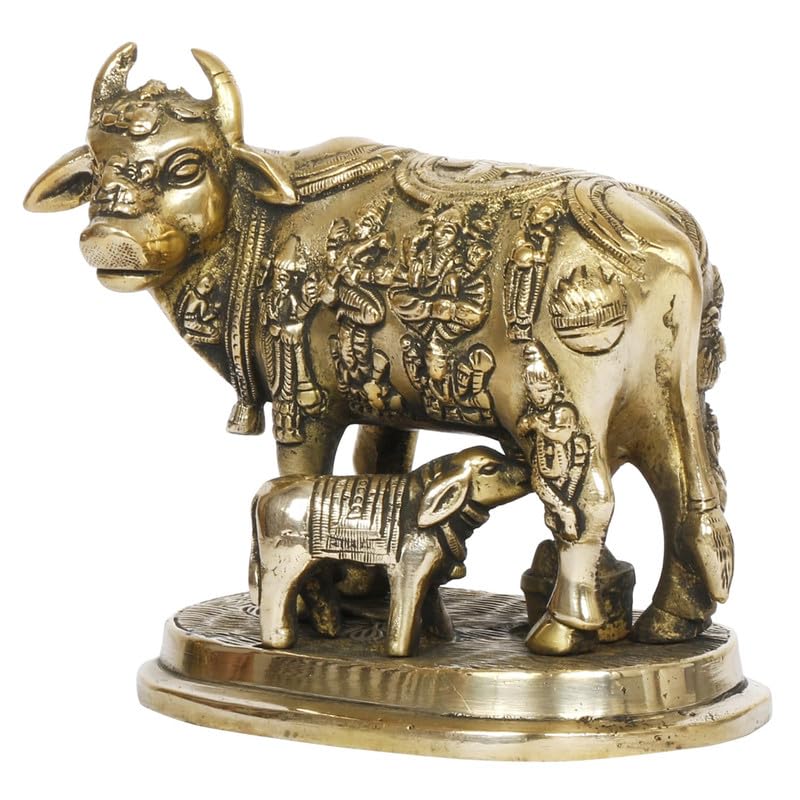 Kartique Brass Kamadhenu Idol The Wish-Fulfilling Cow and Calf Statue Gold Color Height 5 Inch - Image 3