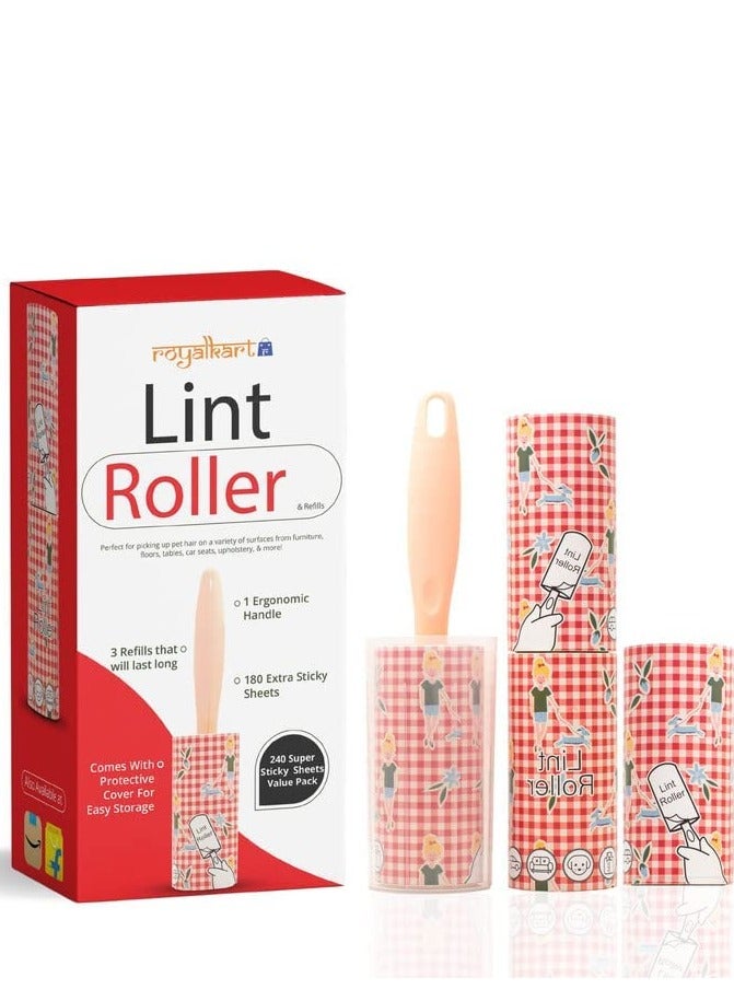 Royalkart Royalkart  Lint Remover  Lint roller Sticky Picker Cleaner  Lint Remover Clothes   Carpet  Dog Fur   Sweater  Dust and  Dirt  Pet Hair  4 Refills (240 Sheets)   1 Handle   Protective Cover  - Image 1