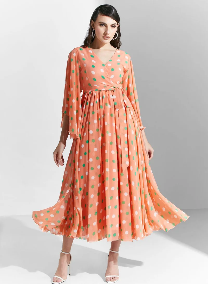 جولدن ابل V Neck  Floral Printed Dress