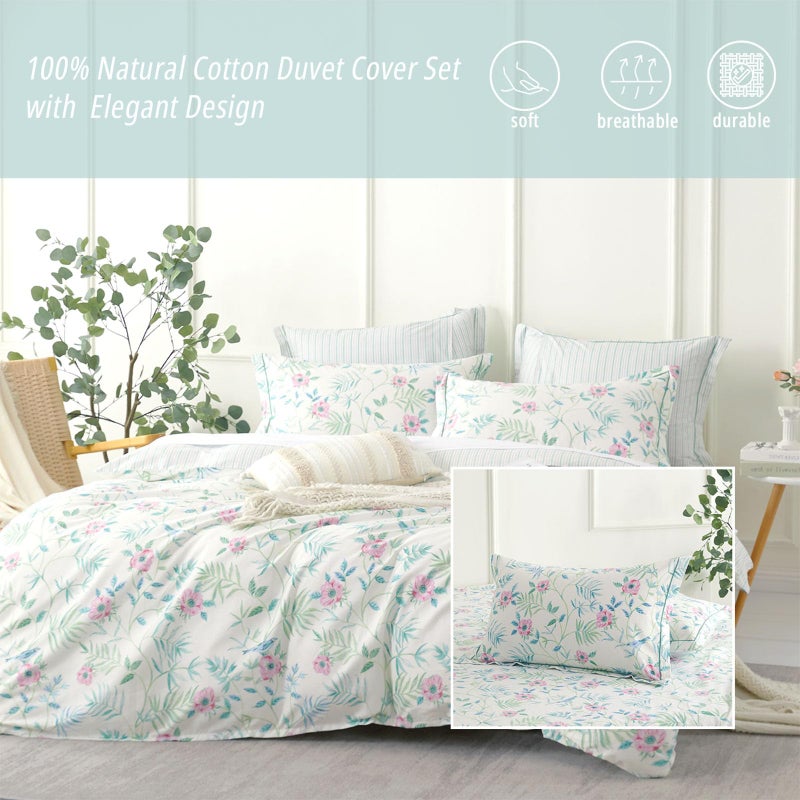 ALEISSEL Elegant 100% Cotton Duvet Cover Queen Size - Petal Pink Flowers & Sage Branches on Soft White,Fine Striped Back, Neutural Bedding Set 3Pcs with Button Closure (Queen,90"x90") - Image 3